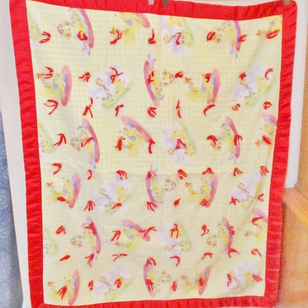 Vtg. Suzy Spafford Baby Blanket Throw Nursery Decor Yellow, Baby Ducks, Red Trim